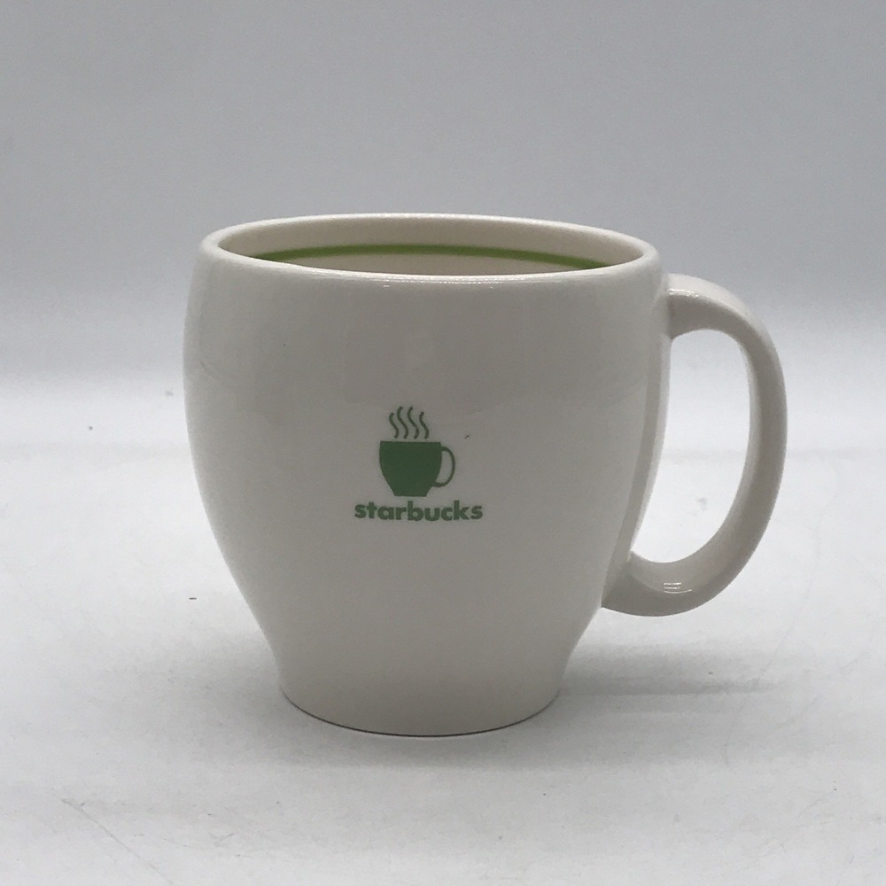 Starbucks Barista 2003 White 12 oz Ceramic Coffee Mug Tummy Shape Green Rim